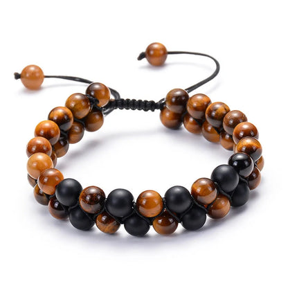 Matte black agate beads and tiger eye couple bracelets with geometric design