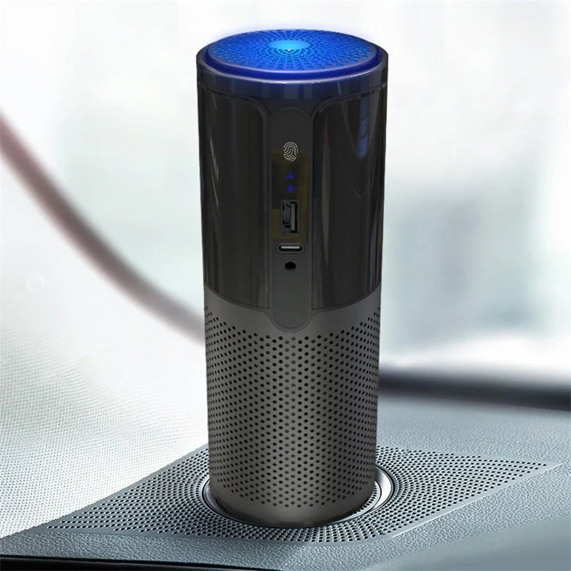 Compact car air purifier with HEPA technology in black, navy blue, rose gold, and dark grey