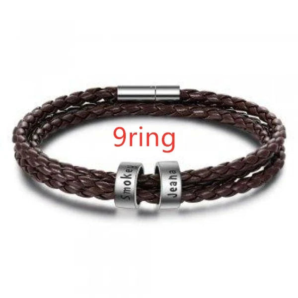 Personalized Leather Bracelet with Engraved Name Charm in Black and Brown Colors