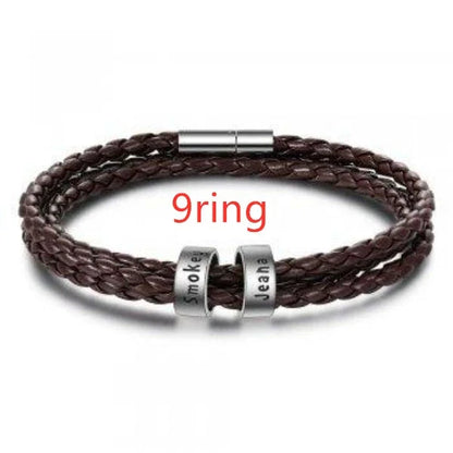 Personalized Leather Bracelet with Engraved Name Charm in Black and Brown Colors