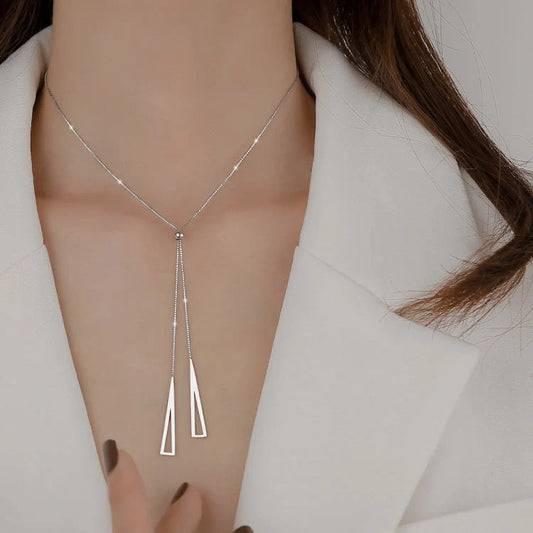 Adjustable sterling silver geometric triangle clavicle necklace for women, modern Korean style jewellery