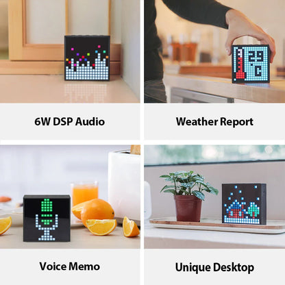 Bluetooth speaker with programmable LED display for pixel art creation, alarm clock, and DJ sound effects