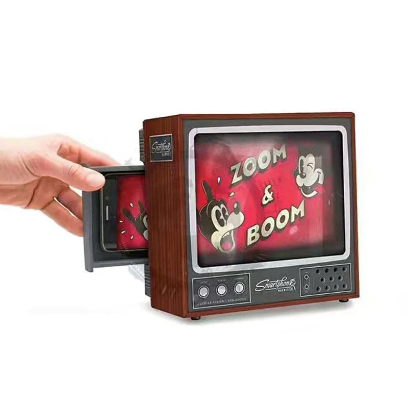 Vintage TV-styled cardboard magnifier for mobile phones, projects onto 8'' screen