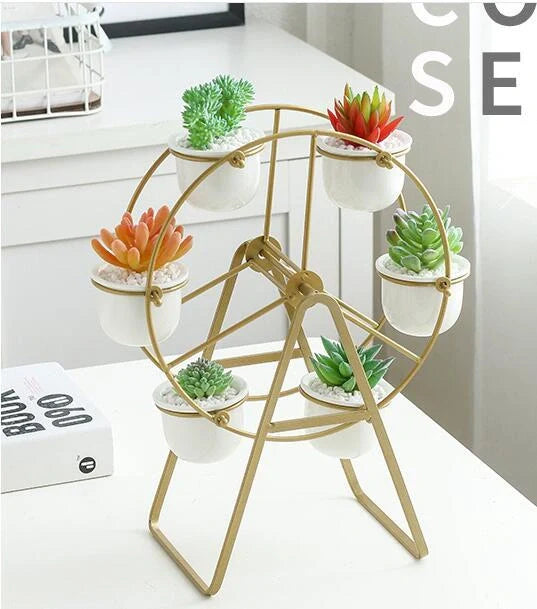 Ferris Wheel stand with 6 cement succulent plant pots for compact plant display