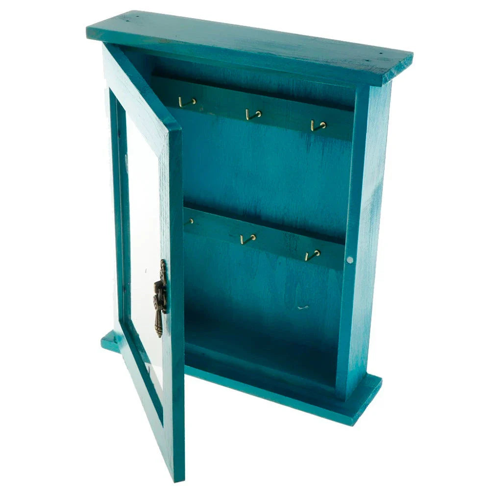 Vintage-style wooden key cabinet with six hanging hooks, offering a compact and stylish storage solution for your keys and small items.