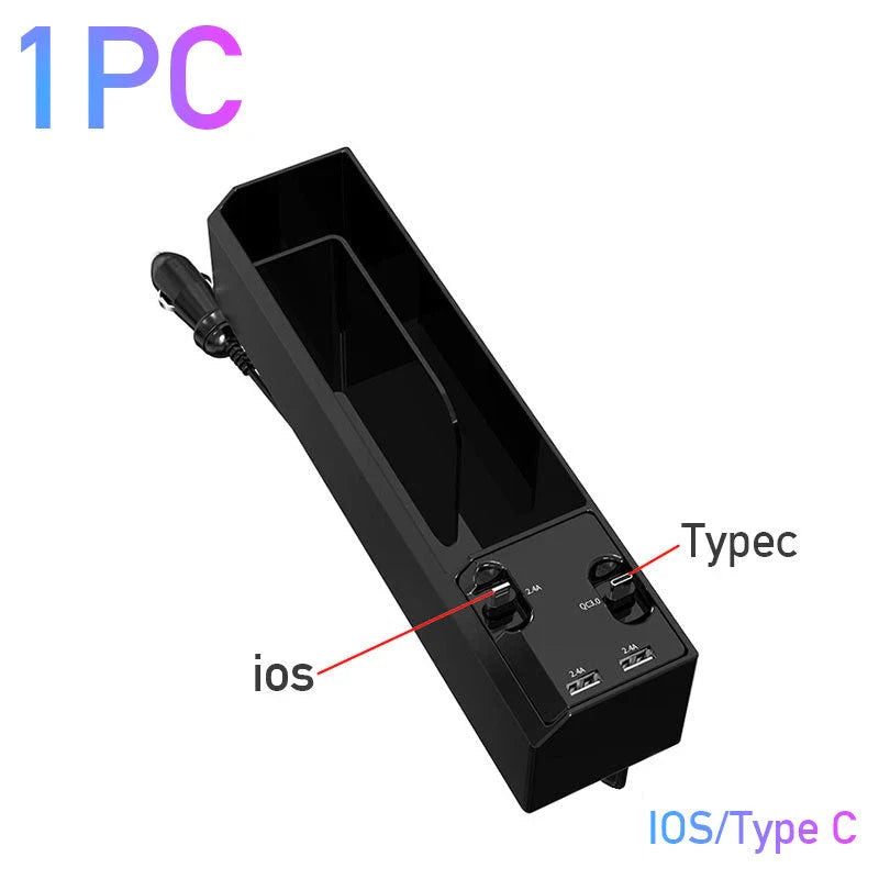 Premium car seat gap organiser with discreet charging cable, providing secure storage and power for your on-the-go essentials