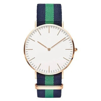 Nylon strap watch with round dial and quartz movement available in ten colours