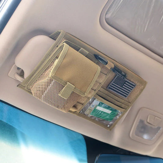 Premium car sun visor organiser with multiple storage compartments for CDs, documents, and other driving essentials