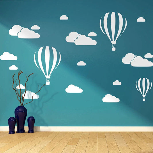 Elegant hot air balloon wall decals in various sizes and colours, perfect for adding a touch of whimsy to any room in your UK home