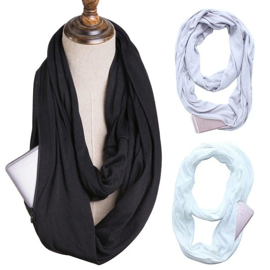 Stylish infinity scarf with hidden pocket in black, grey, and white