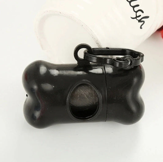 Compact black dog poop bag dispenser box with hook for easy transport