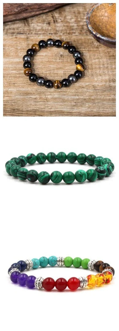 Classic black matte green malachite bracelets with elastic strand for unisex wear