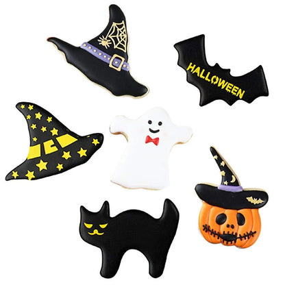 High-quality stainless steel Halloween-themed biscuit/cookie cutters in various spooky shapes like pumpkins, bats, cats, and skulls