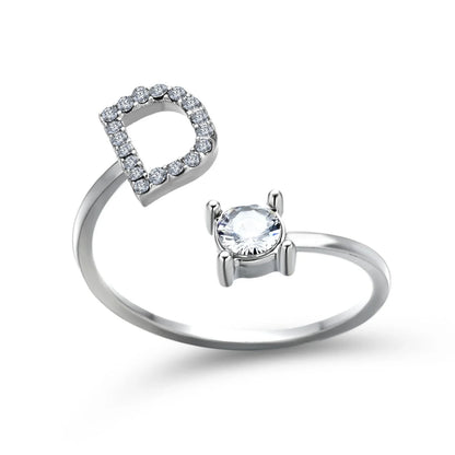Customizable adjustable ring with 26 letters for women, featuring zircon stones and copper alloy construction