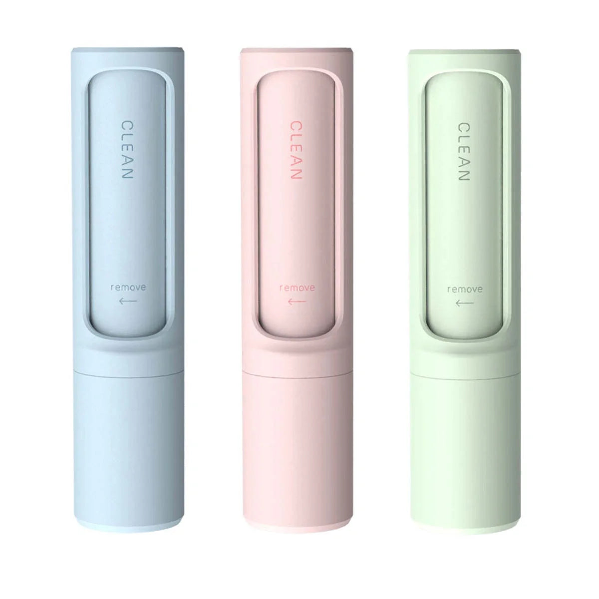 Rotating cylinder electrostatic pet hair remover brush in white, blue, green, and pink