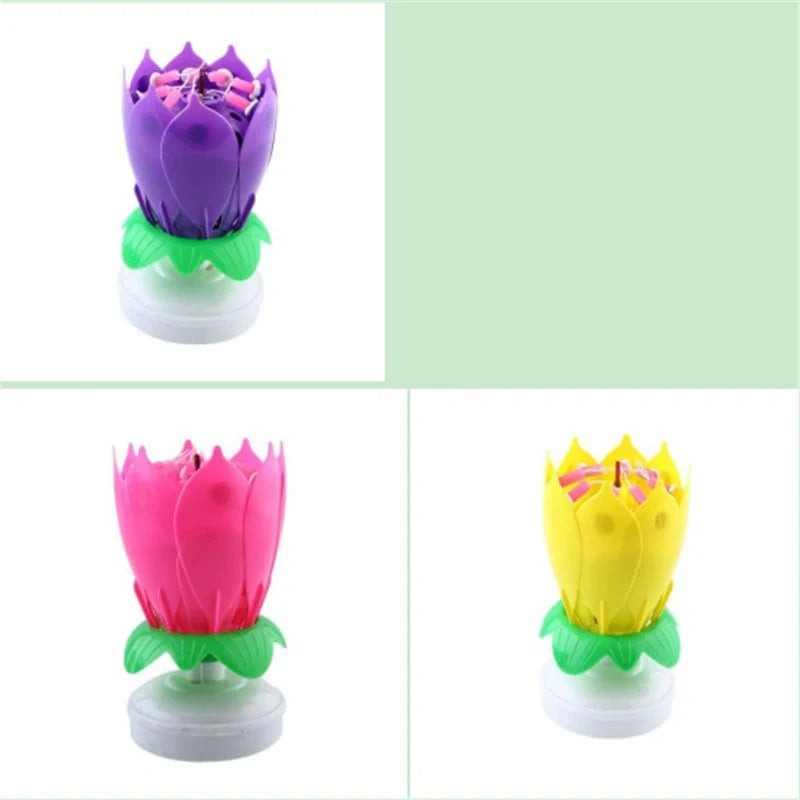 Musical Lotus Candles in various colours, showcasing the elegant lotus design and music feature