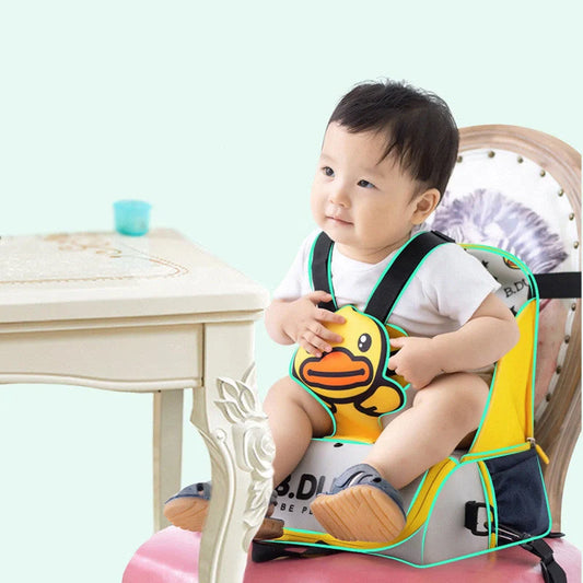 Multifunctional baby bag with portable child dining chair in yellow, perfect for parents travelling with babies