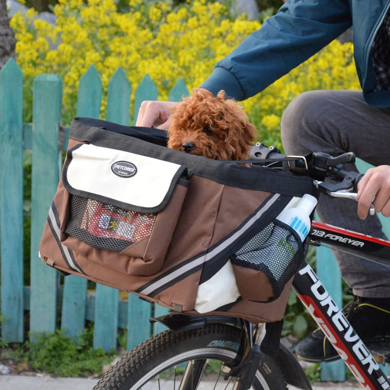 Pet bicycle carrier with removable basket for small cats and dogs, available in black, brown, blue, and red