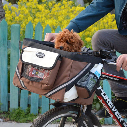 Pet bicycle carrier with removable basket for small cats and dogs, available in black, brown, blue, and red