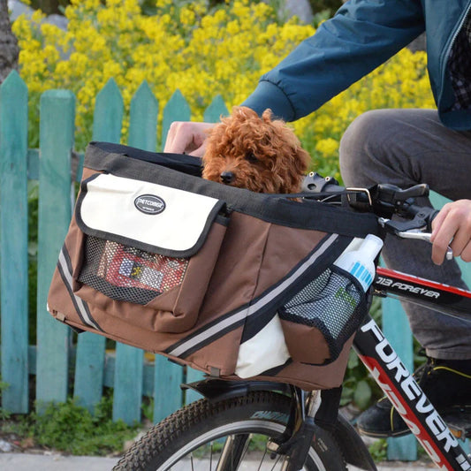 Pet bicycle carrier with removable basket for small cats and dogs, available in black, brown, blue, and red