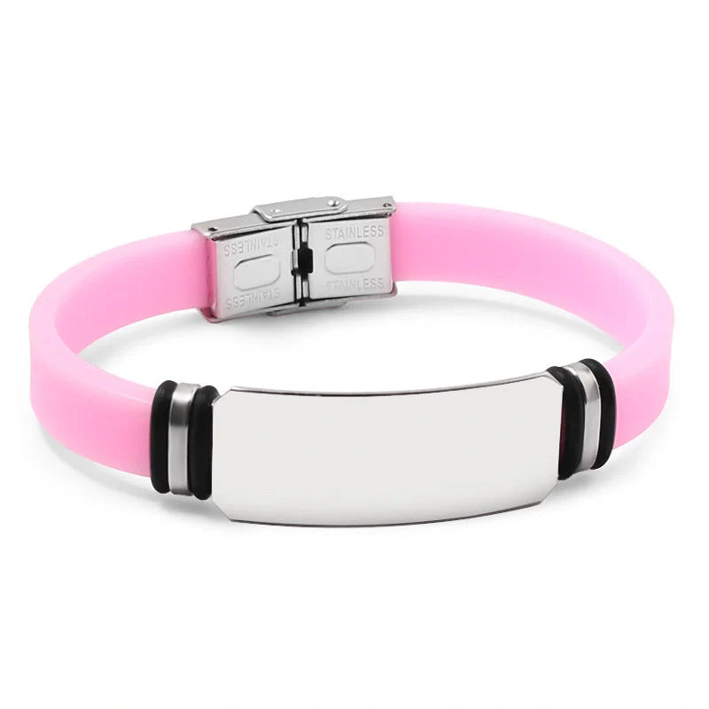 Custom engraved silicone bracelet with stainless steel accents in various colours