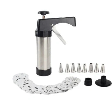 Stainless steel biscuit press with 13 moulds and 8 nozzles for baking and decorating