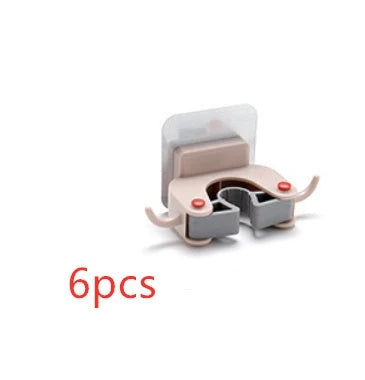Adhesive wall-mounted mop and broom holder with double hooks for storing cleaning tools, available in multiple colors.