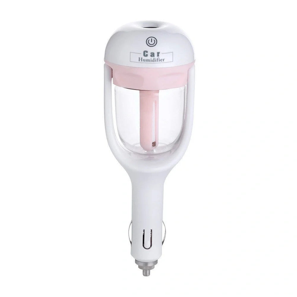 Mini 12V car steam humidifier with aroma diffuser and air purifier in blue, green, pink, and purple