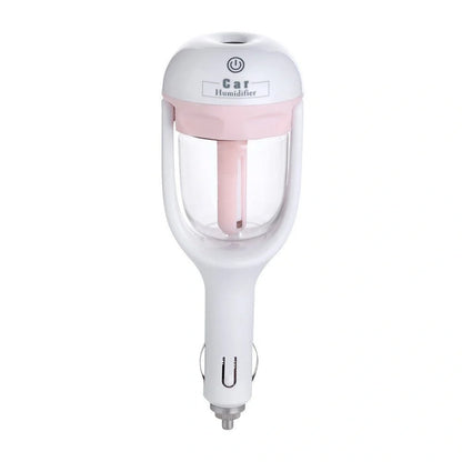 Mini 12V car steam humidifier with aroma diffuser and air purifier in blue, green, pink, and purple