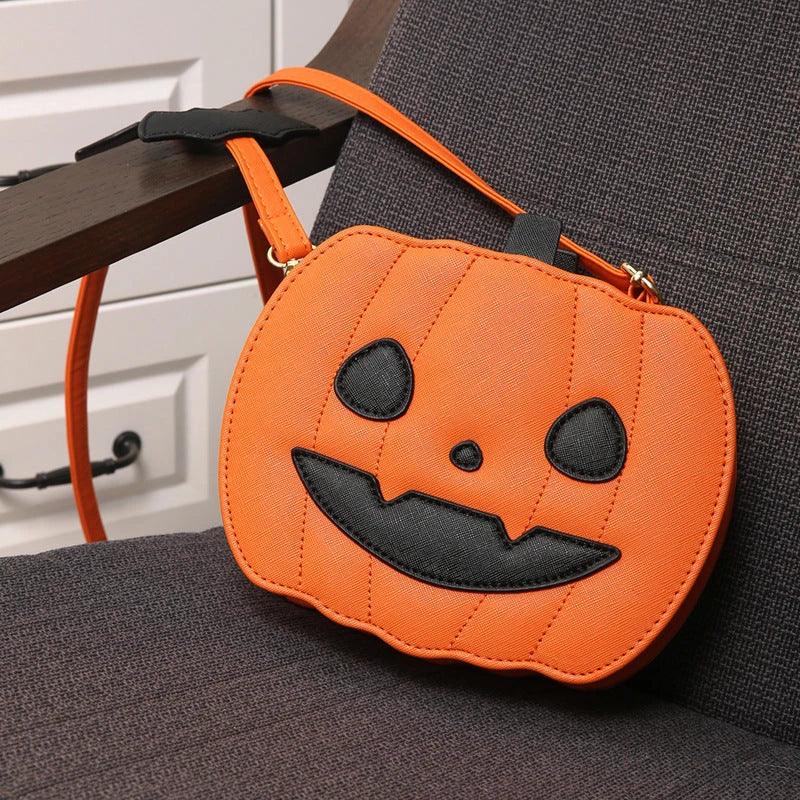 Stylish Halloween shoulder bag with pumpkin cartoon and bat design, available in various color options