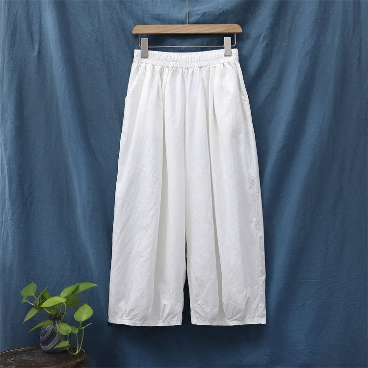 Women's sand-washed linen cotton bloomers in dark coffee, dark green, plain white, and jet black