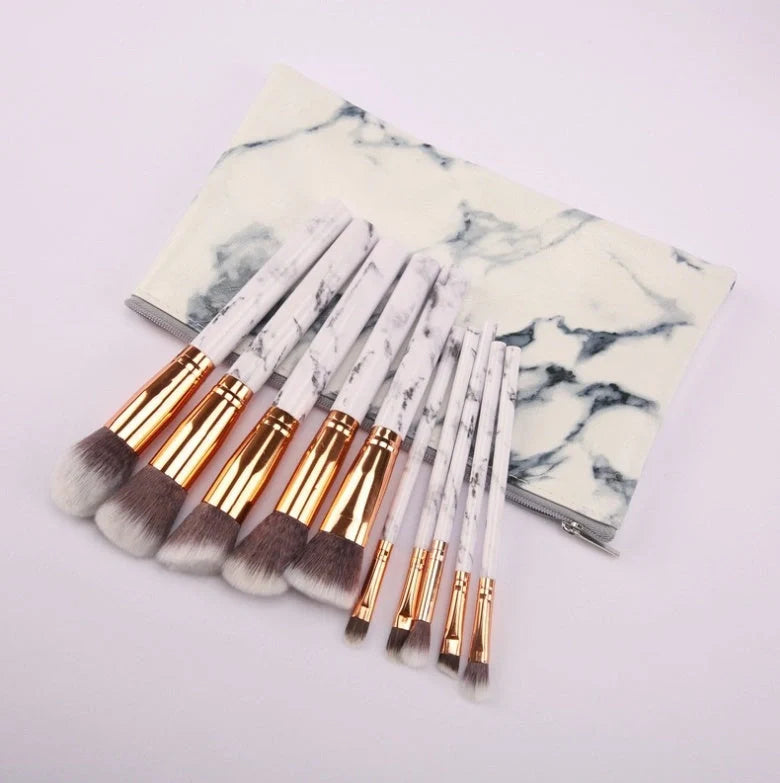 10-piece marble makeup brush set with 5 large and 5 small brushes for beauty applications