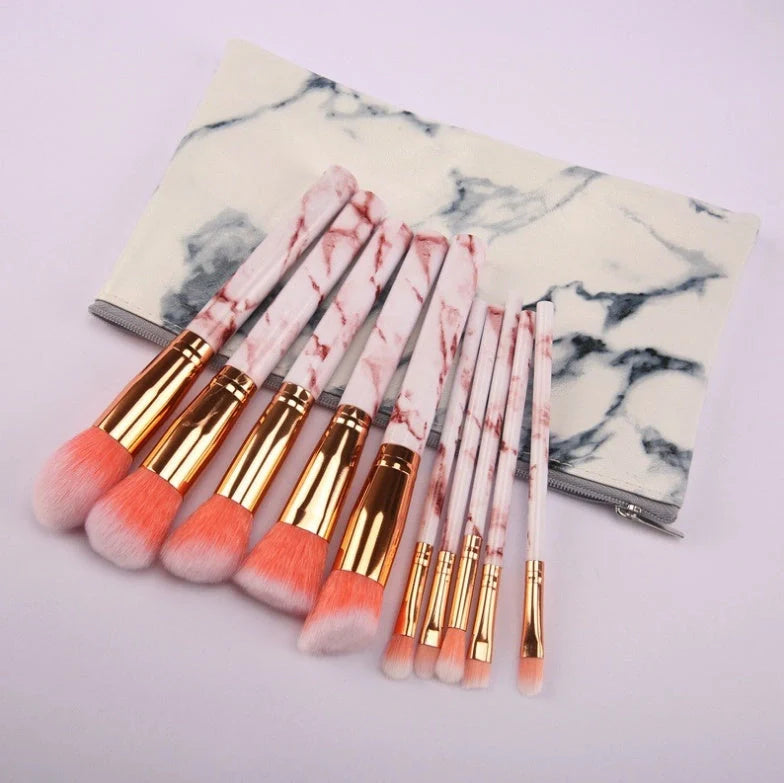 10-piece marble makeup brush set with 5 large and 5 small brushes for beauty applications