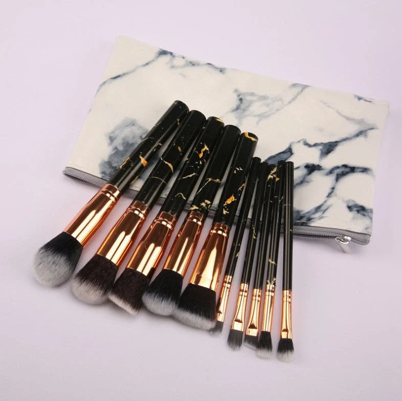 10-piece marble makeup brush set with 5 large and 5 small brushes for beauty applications