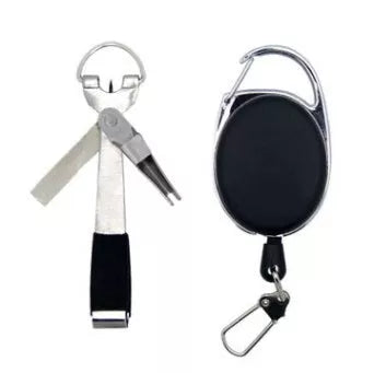 Stainless steel 4 in 1 fishing knot tyer tool with retractable clip and leather handle