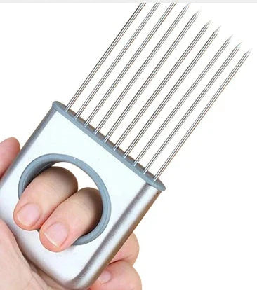 Stainless steel onion and vegetable chopper slicer with sharp tips and ergonomic handle