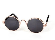 Stylish pet sunglasses in various colors, including khaki, pink, green, and yellow
