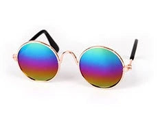 Stylish pet sunglasses in various colors, including khaki, pink, green, and yellow