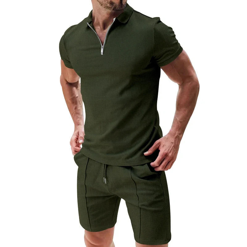 Men's summer waffle suit set with zipper lapel and drawstring shorts in various colours