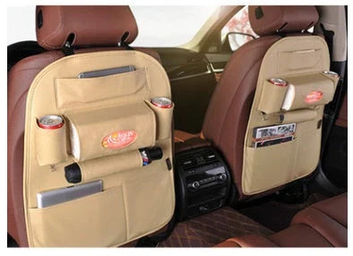 Premium leather car seat organisers with ample storage space for drinks, phones, pens, and other essentials, designed for UK drivers