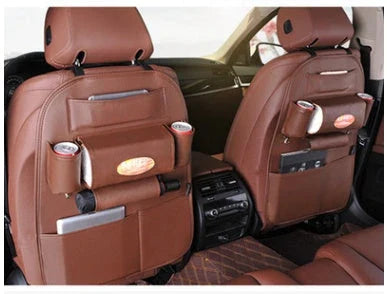 Premium leather car seat organisers with ample storage space for drinks, phones, pens, and other essentials, designed for UK drivers
