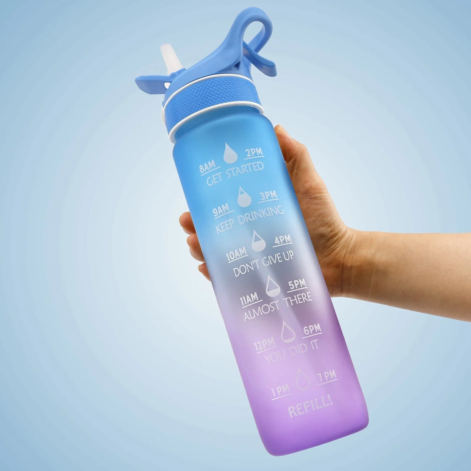 Convenient sports water bottle with straw and sprayer for hydration and cooling on-the-go