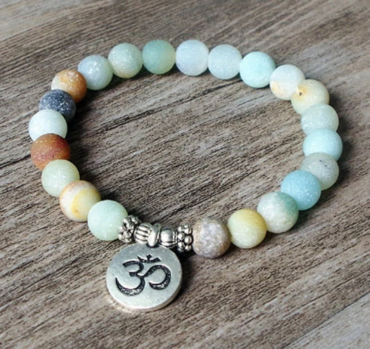 Handmade Matte Amazonite Yoga Chakra Bracelet with OM and Lotus charms