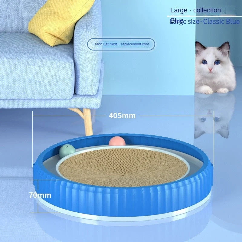 Round cat scratching board with toy ball, protects furniture from scratches