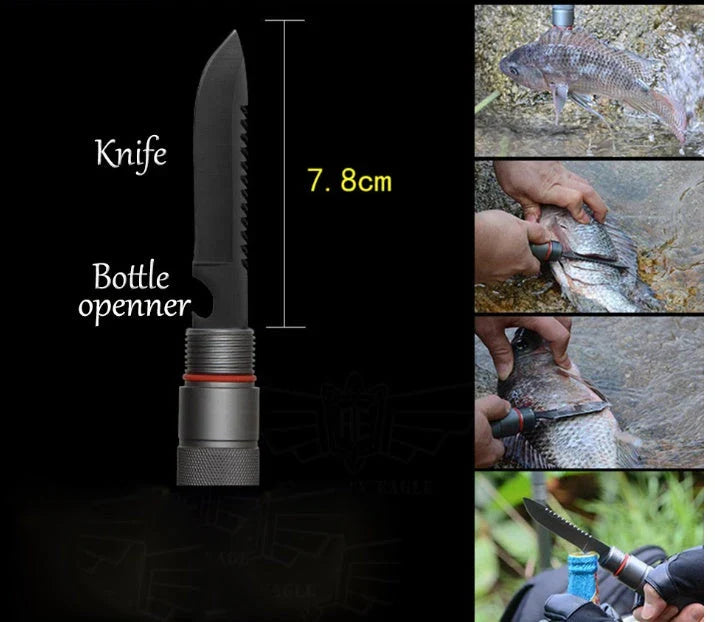 Durable tactical hiking stick with integrated survival tools, including a knife, bottle opener, and compass, for outdoor adventures and emergencies.