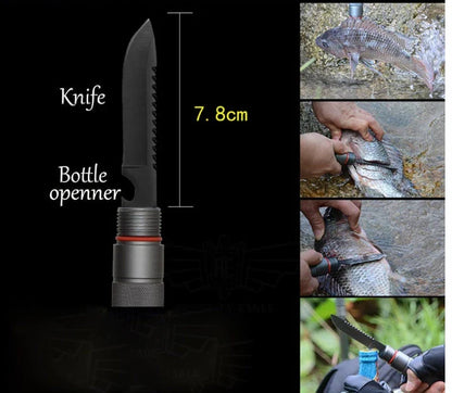 Durable tactical hiking stick with integrated survival tools, including a knife, bottle opener, and compass, for outdoor adventures and emergencies.