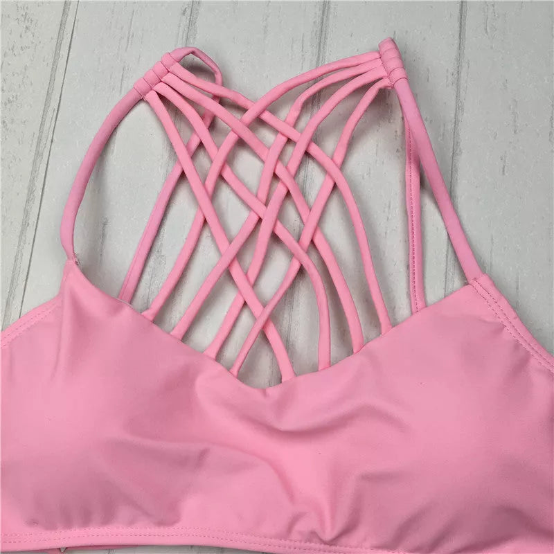 Pink bandage cut-out halter bikini swimsuit for women with stylish design