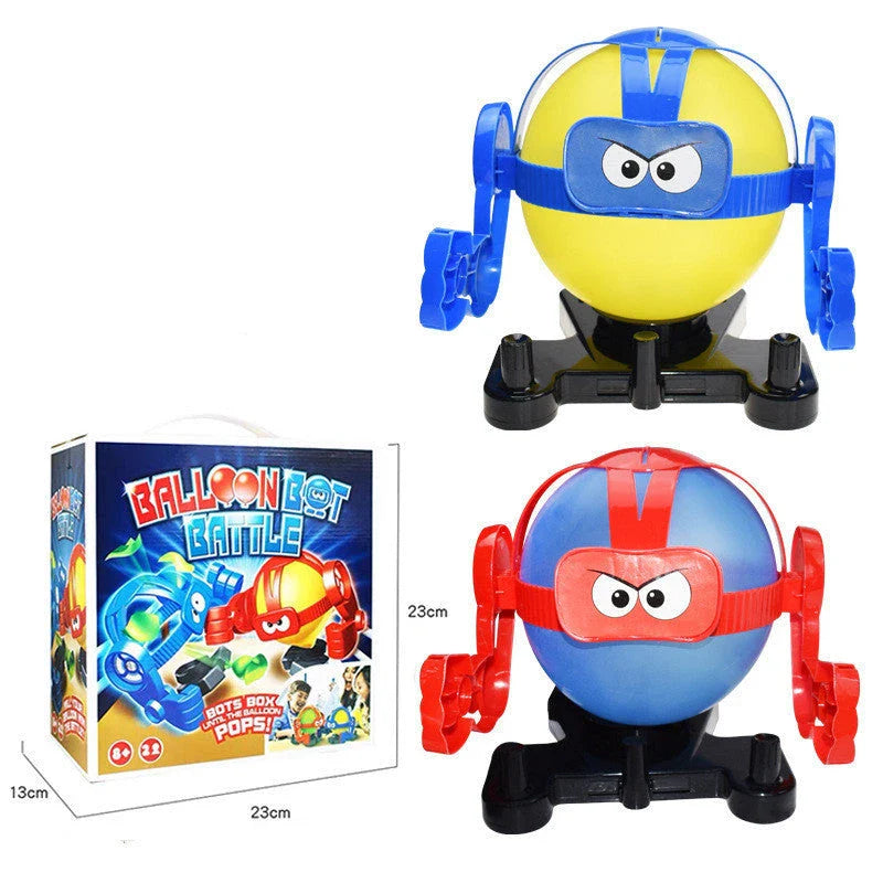 Two interactive balloon battling robots with detachable goggles, ready to engage in a competitive balloon-popping showdown.