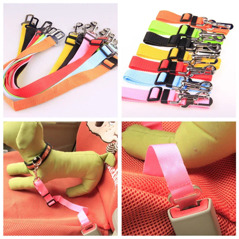 Adjustable dog seatbelt made of durable nylon material with heavy-duty hardware for secure pet travel
