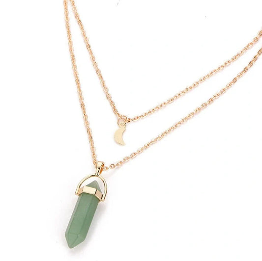 Elegant hexagonal natural stone necklace with double moon pendant in various colours